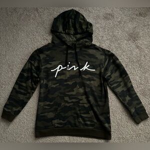 PINK Victoria's Secret Green Camo Hoodie with White Script Logo
